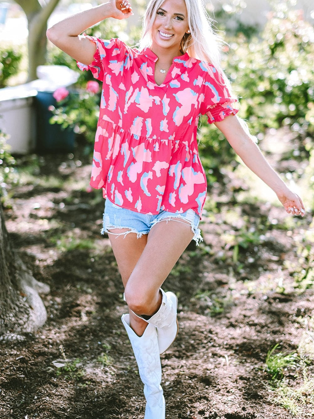 Rose Abstract Print Ruffle Hem V Neck Blouse