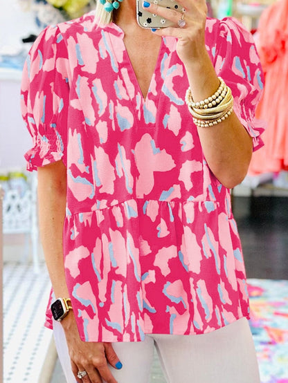Rose Abstract Print Ruffle Hem V Neck Blouse