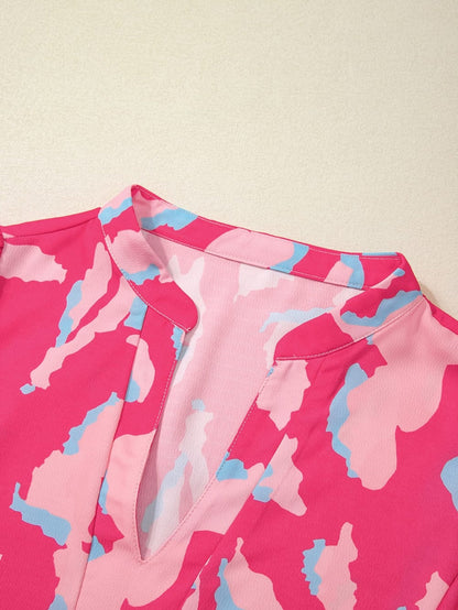 Rose Abstract Print Ruffle Hem V Neck Blouse