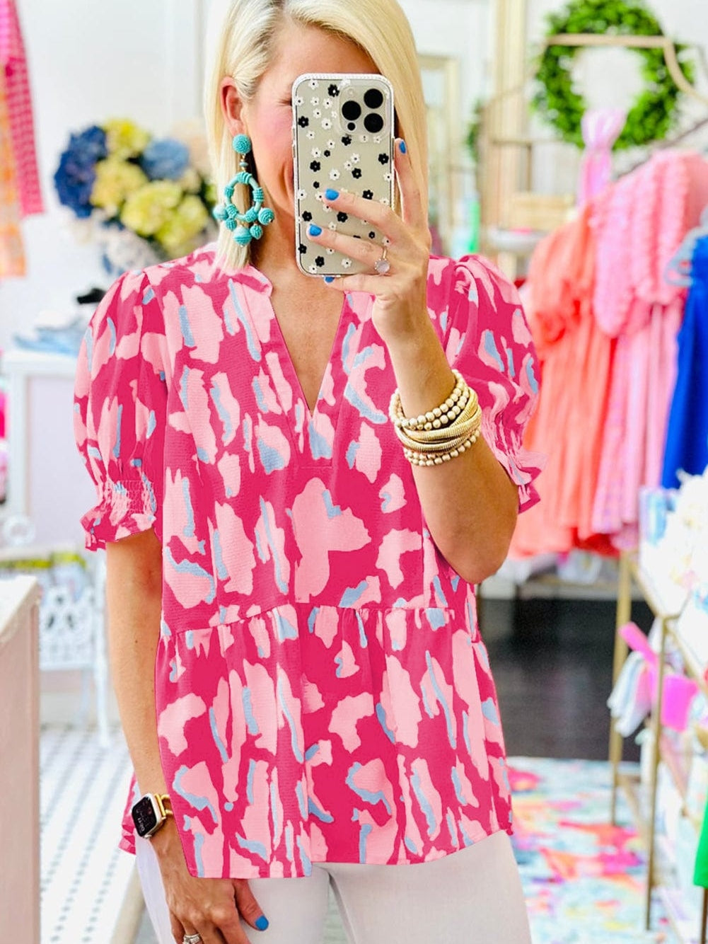 Rose Abstract Print Ruffle Hem V Neck Blouse