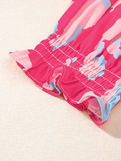 Rose Abstract Print Ruffle Hem V Neck Blouse