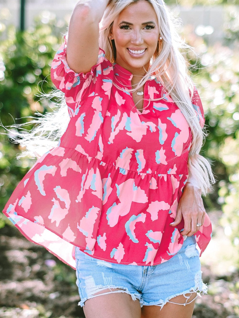 Rose Abstract Print Ruffle Hem V Neck Blouse