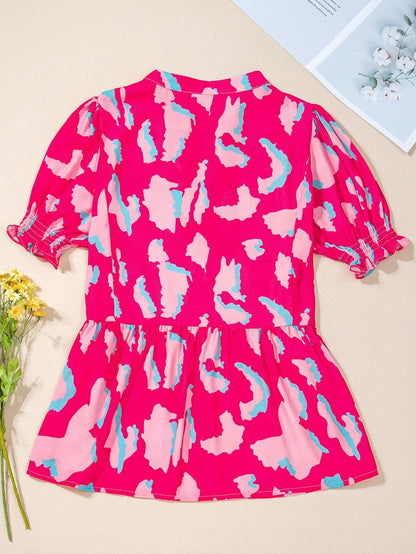 Rose Abstract Print Ruffle Hem V Neck Blouse
