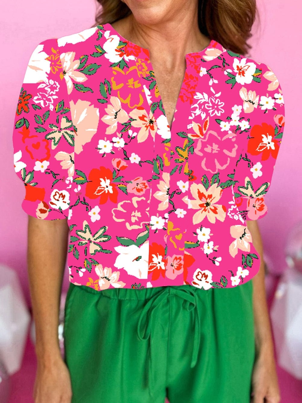 Rose Blooms V-Neck Puff Sleeve Blouse with Floral Print