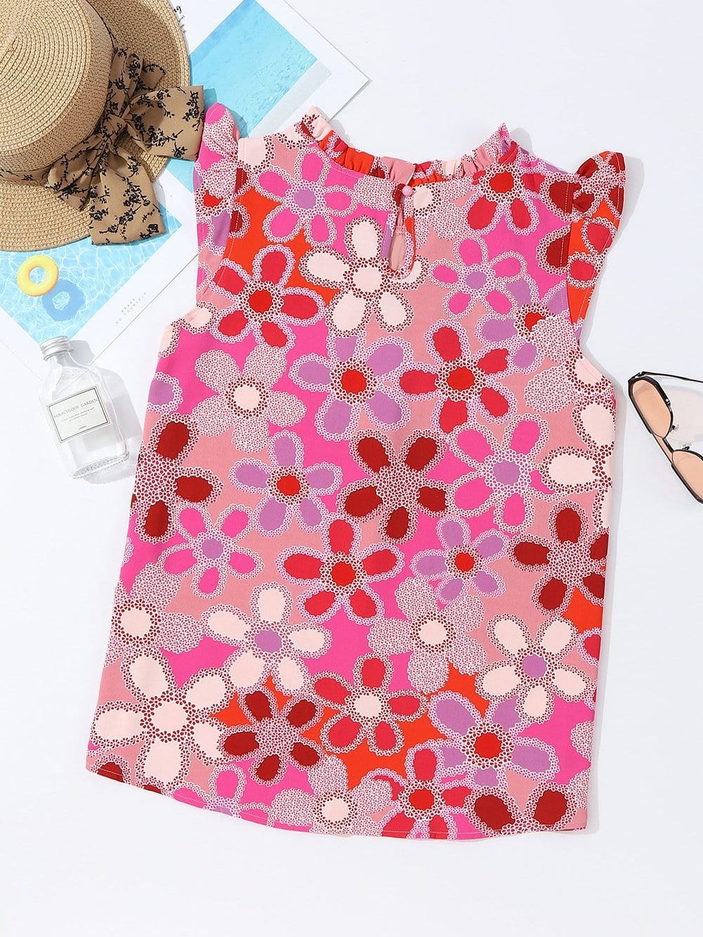 Rose Blossom Embroidered Floral Tank with Ruffle Detail