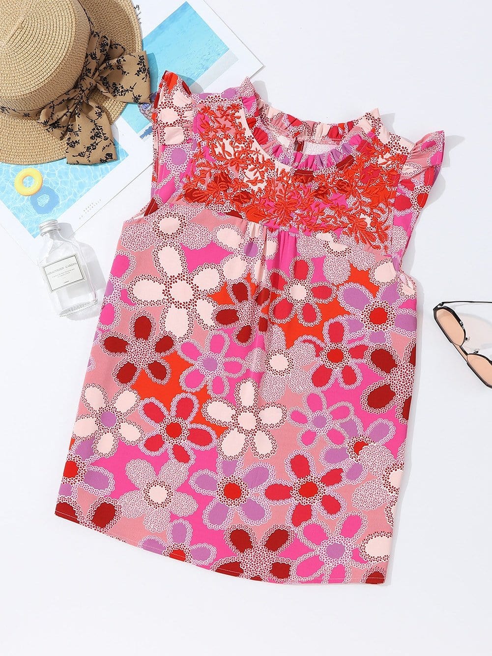 Rose Blossom Embroidered Floral Tank with Ruffle Detail