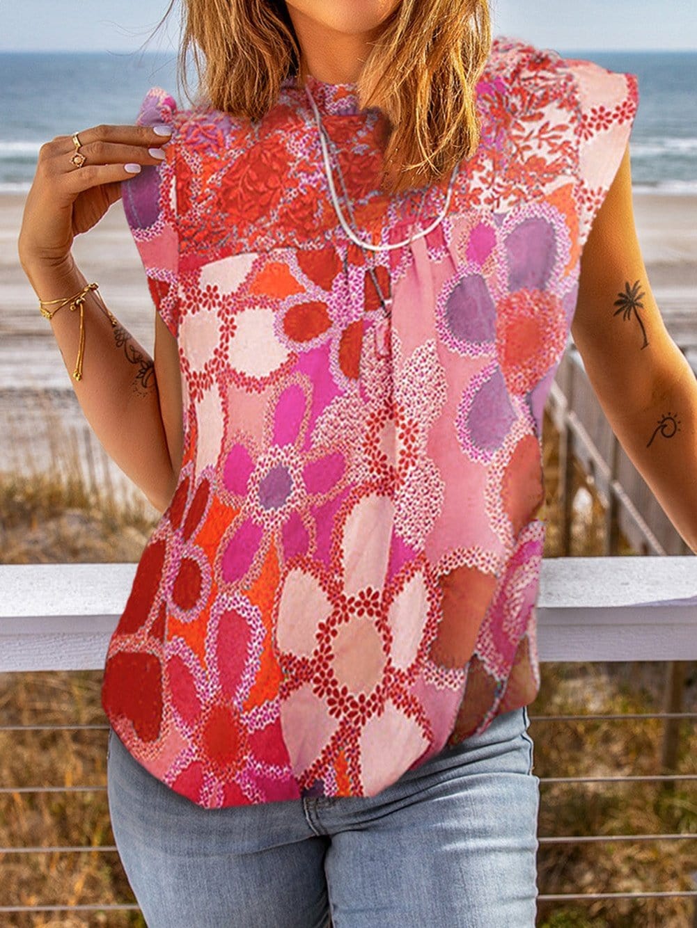 Rose Blossom Embroidered Floral Tank with Ruffle Detail