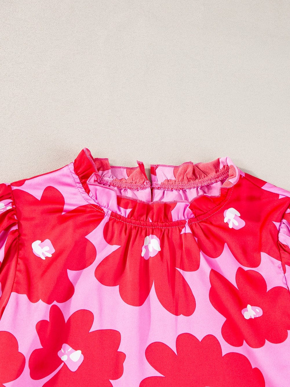 Rose Blossom Satin Puff Sleeve Ruffle Blouse