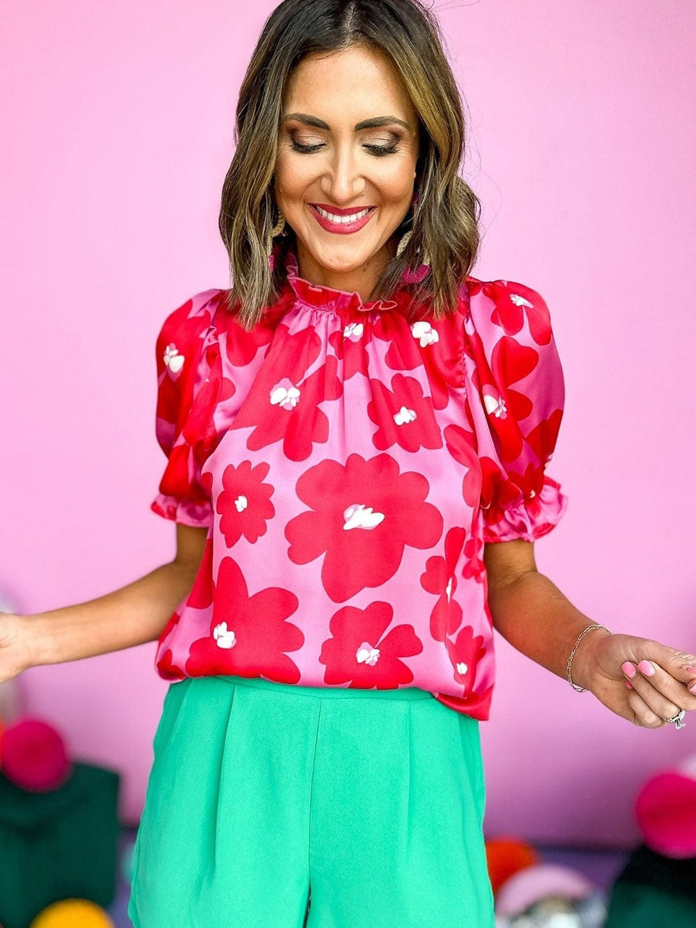 Rose Blossom Satin Puff Sleeve Ruffle Blouse