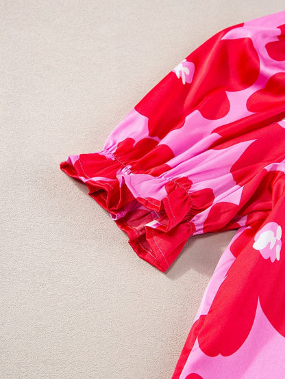 Rose Blossom Satin Puff Sleeve Ruffle Blouse