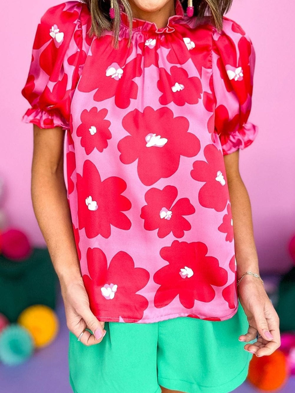 Rose Blossom Satin Puff Sleeve Ruffle Blouse