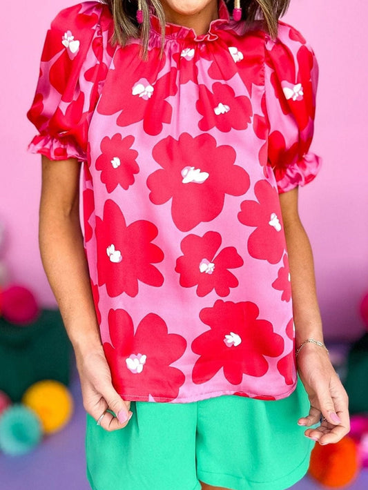Rose Blossom Satin Puff Sleeve Ruffle Blouse