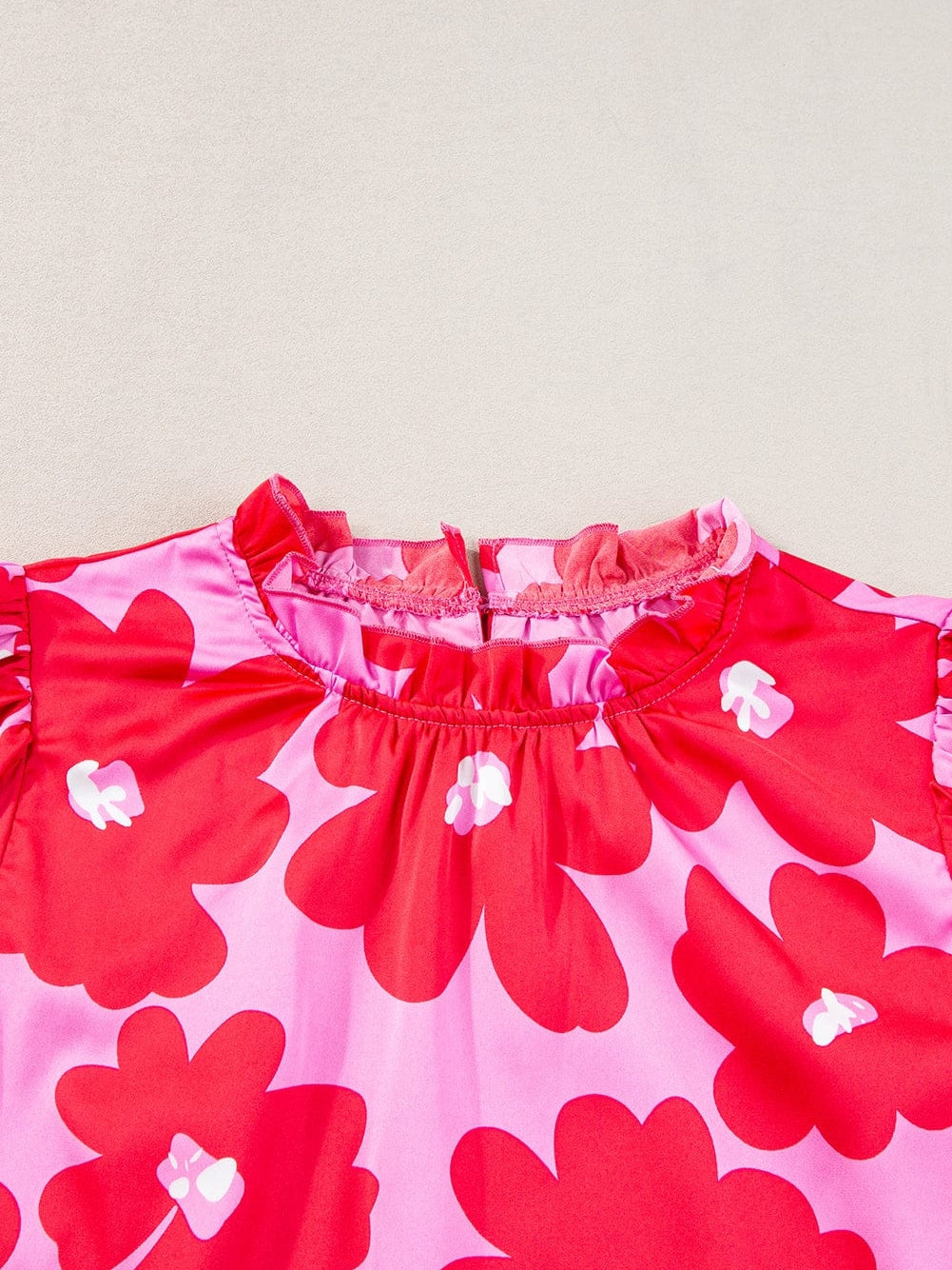 Rose Blossom Satin Puff Sleeve Ruffle Blouse