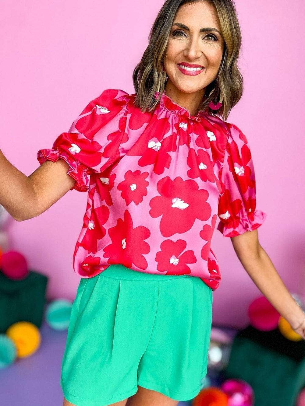 Rose Blossom Satin Puff Sleeve Ruffle Blouse