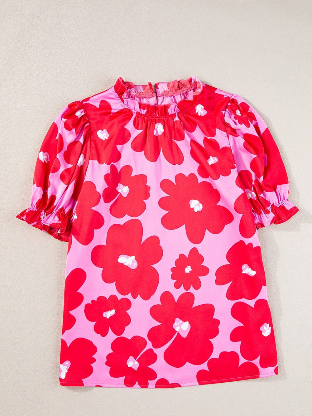 Rose Blossom Satin Puff Sleeve Ruffle Blouse