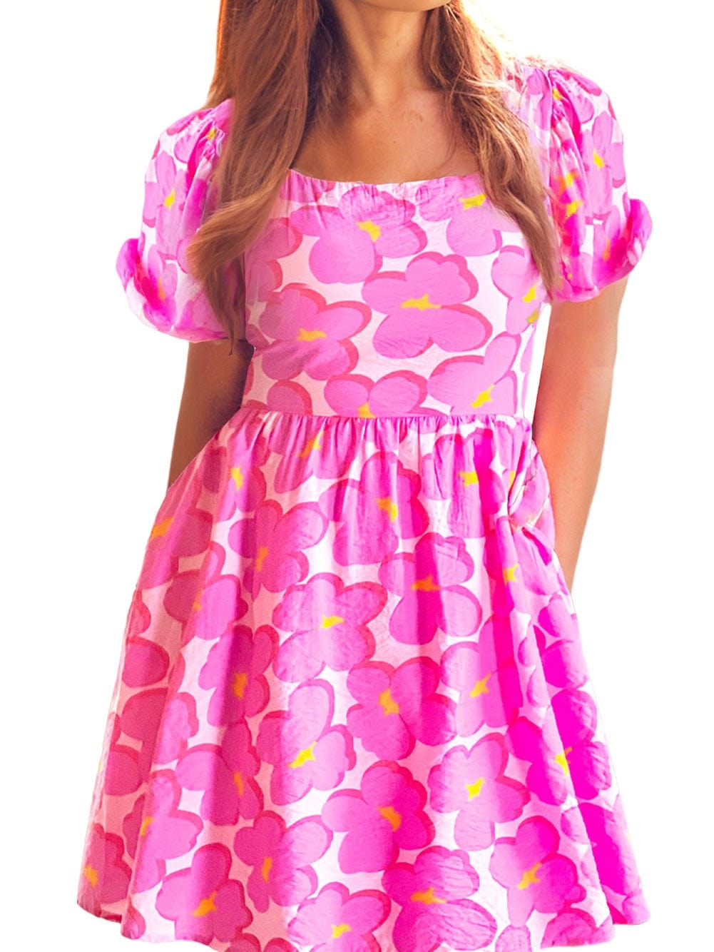 Rose Blossom Square Neck Flowy Empire Waist Dress