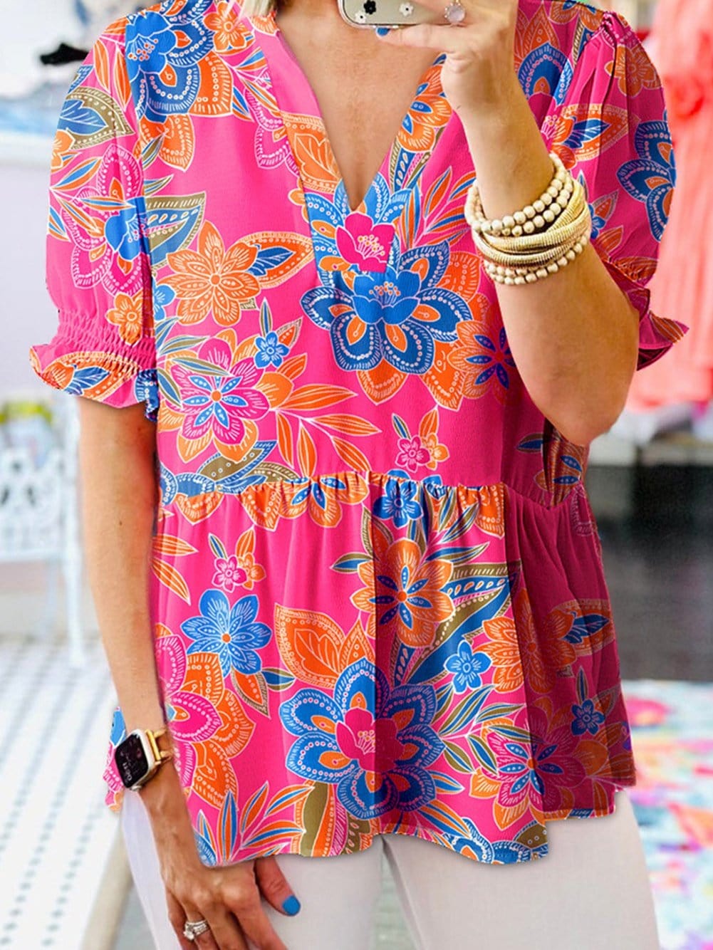 Rose Blossom V-Neck Blouse with Puff Sleeves