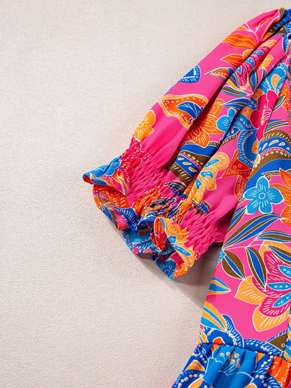 Rose Blossom V-Neck Blouse with Puff Sleeves