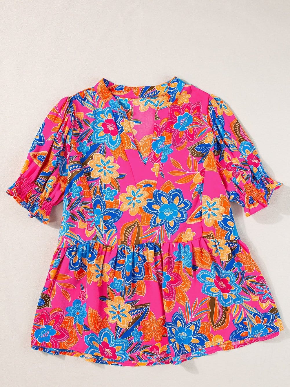 Rose Blossom V-Neck Blouse with Puff Sleeves