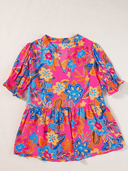 Rose Blossom V-Neck Blouse with Puff Sleeves