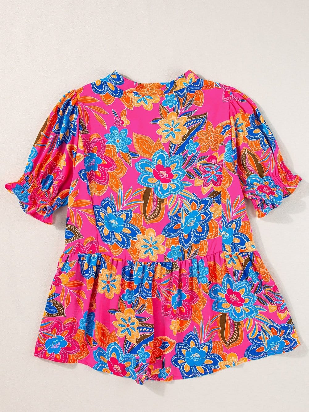 Rose Blossom V-Neck Blouse with Puff Sleeves