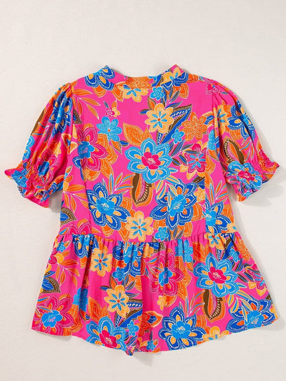 Rose Blossom V-Neck Blouse with Puff Sleeves