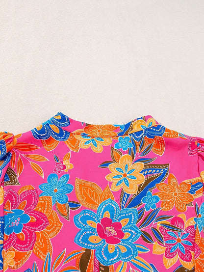 Rose Blossom V-Neck Blouse with Puff Sleeves