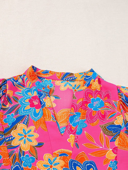 Rose Blossom V-Neck Blouse with Puff Sleeves