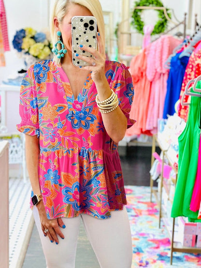 Rose Blossom V-Neck Blouse with Puff Sleeves