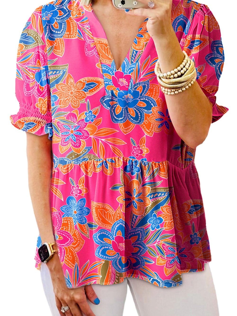 Rose Blossom V-Neck Blouse with Puff Sleeves