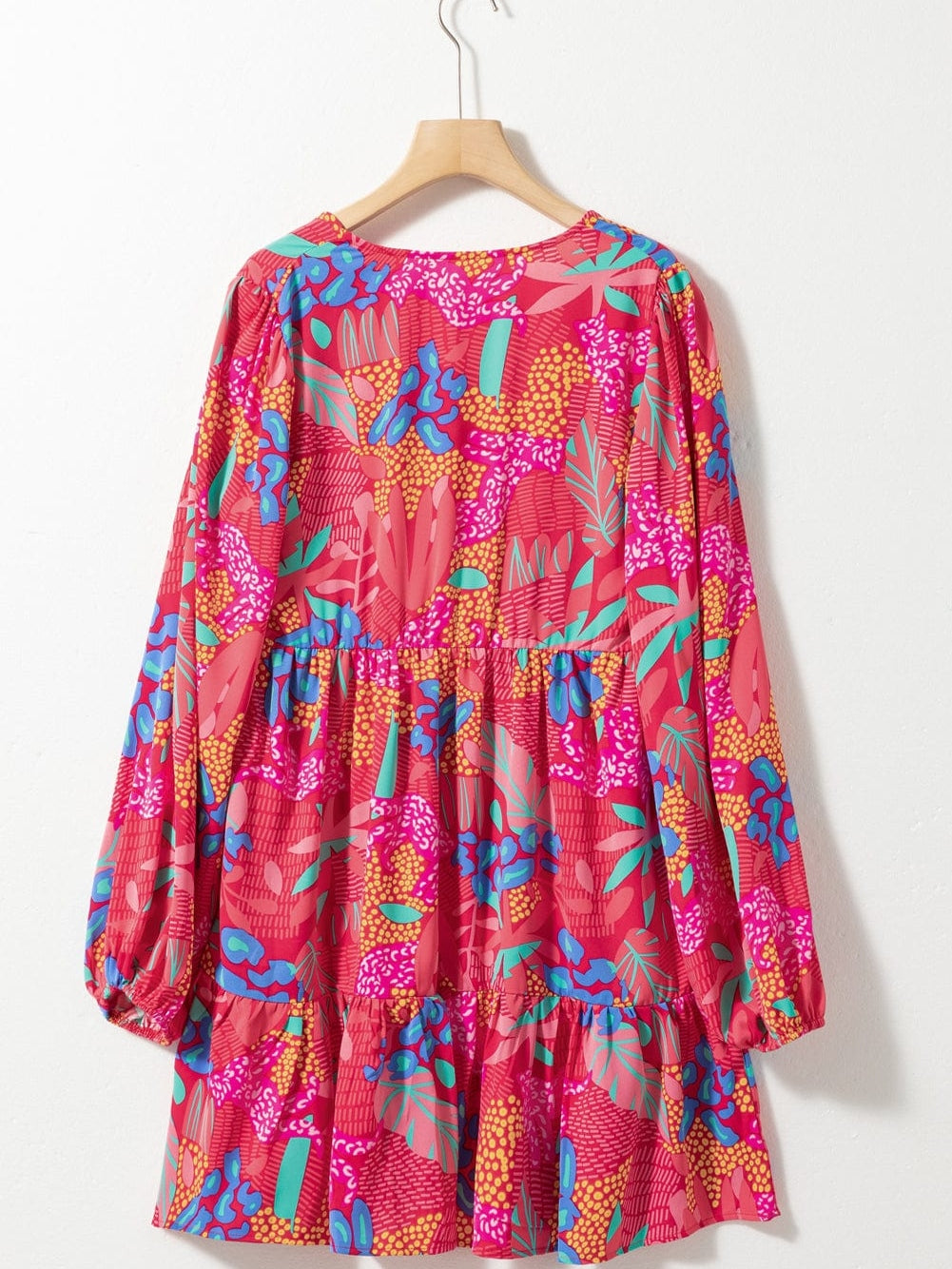 Rose Blossom V Neck Bubble Sleeve Ruffle Detail Mini Dress