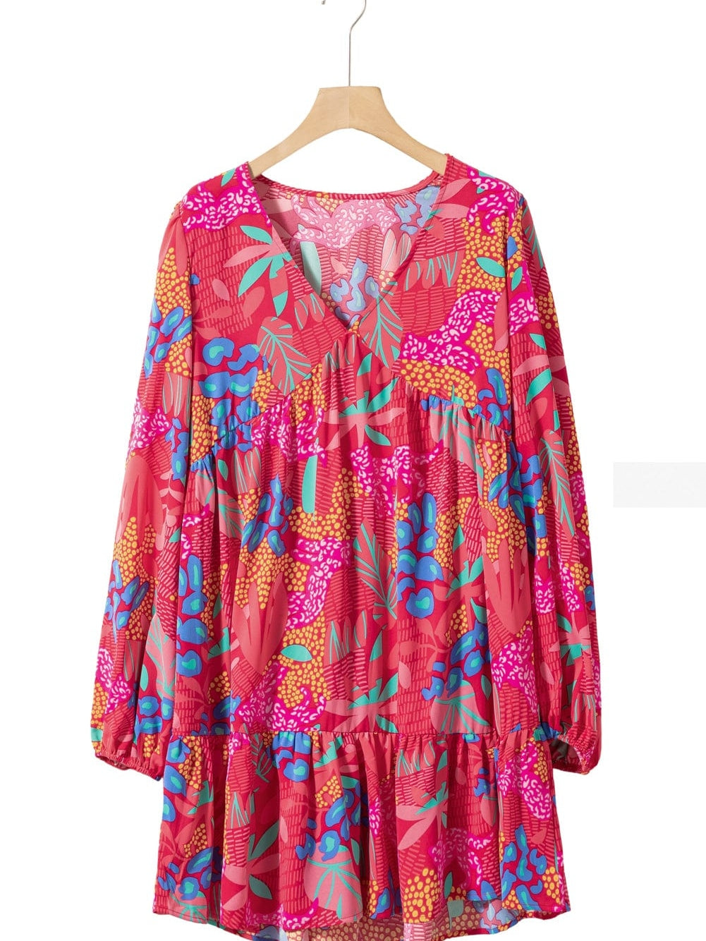 Rose Blossom V Neck Bubble Sleeve Ruffle Detail Mini Dress