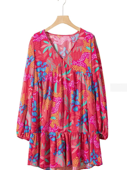 Rose Blossom V Neck Bubble Sleeve Ruffle Detail Mini Dress