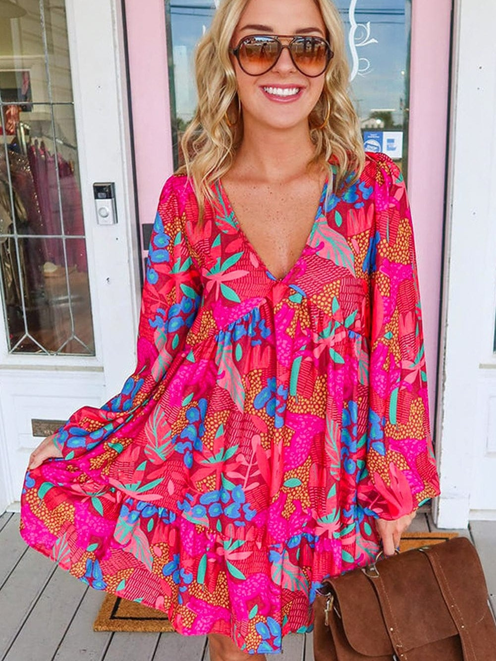 Rose Blossom V Neck Bubble Sleeve Ruffle Detail Mini Dress