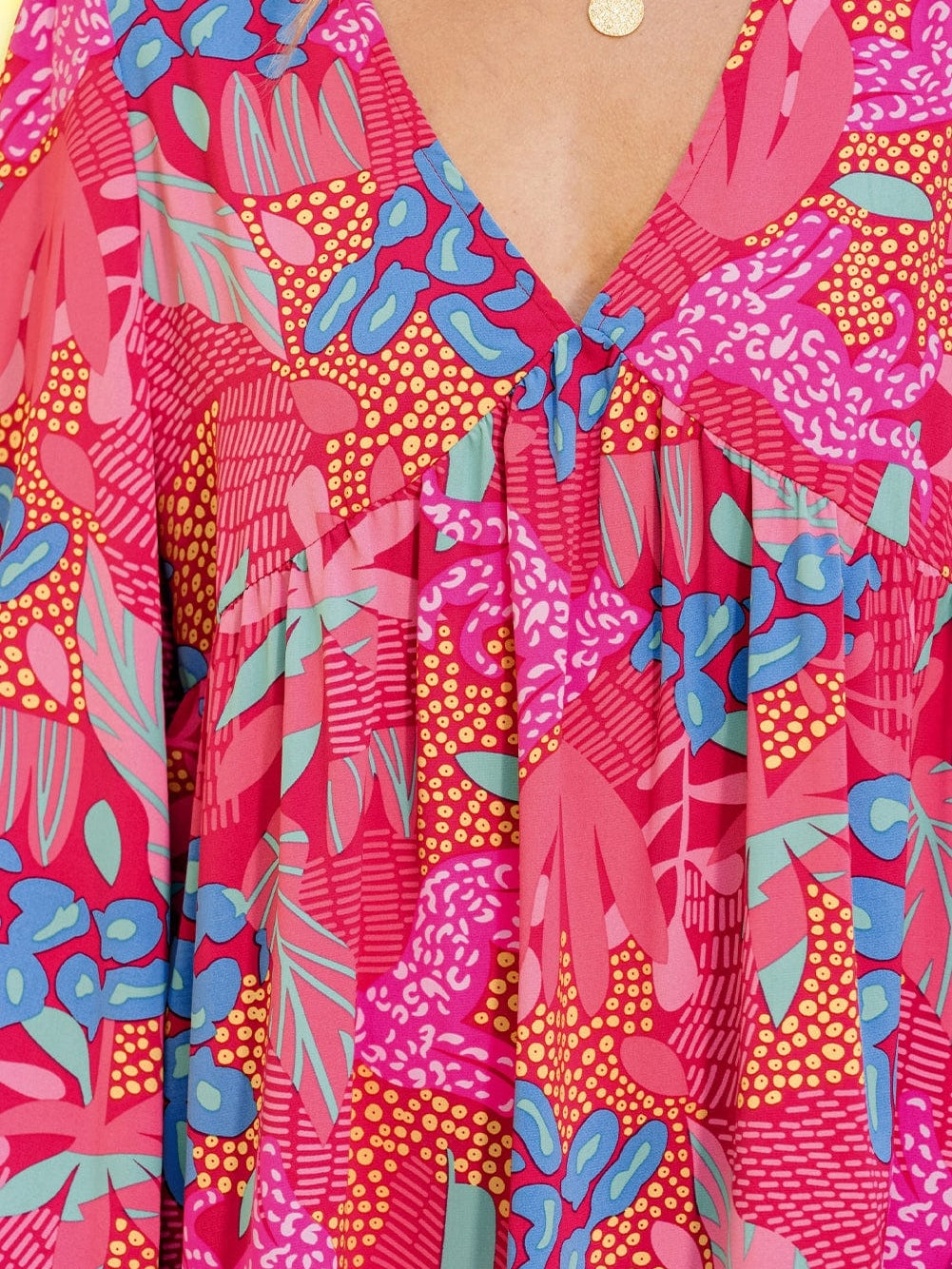 Rose Blossom V Neck Bubble Sleeve Ruffle Detail Mini Dress