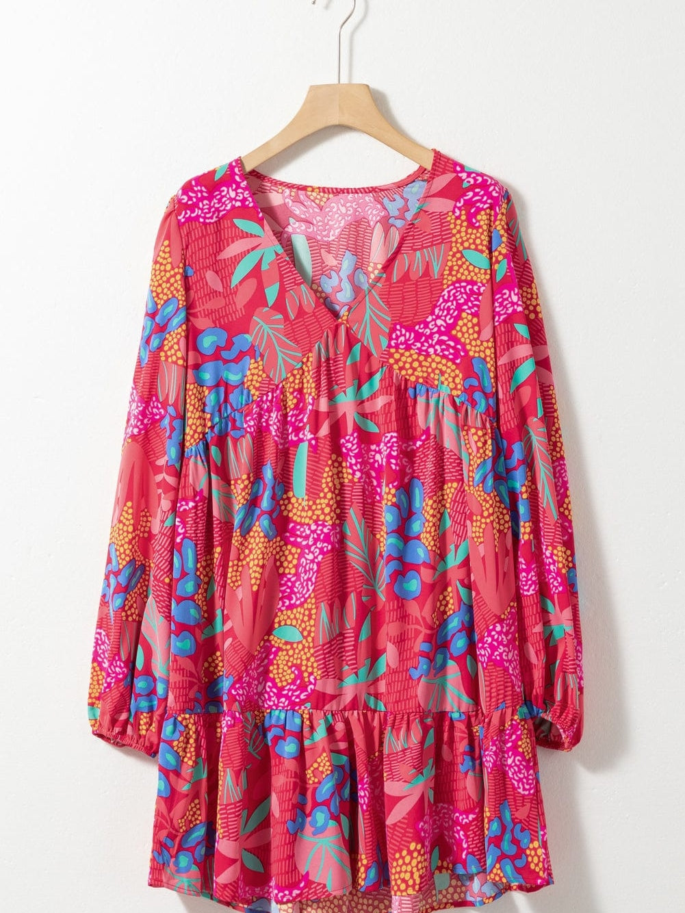 Rose Blossom V Neck Bubble Sleeve Ruffle Detail Mini Dress