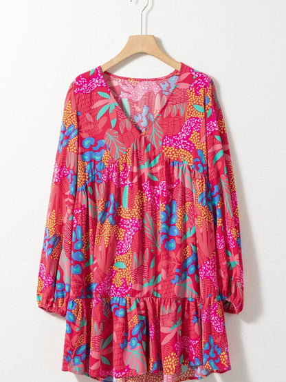 Rose Blossom V Neck Bubble Sleeve Ruffle Detail Mini Dress