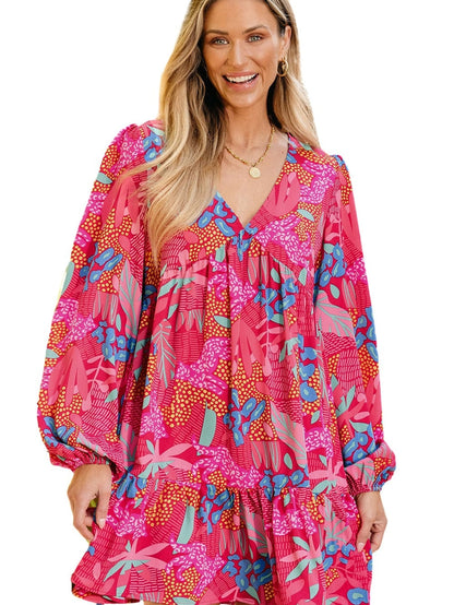 Rose Blossom V Neck Bubble Sleeve Ruffle Detail Mini Dress