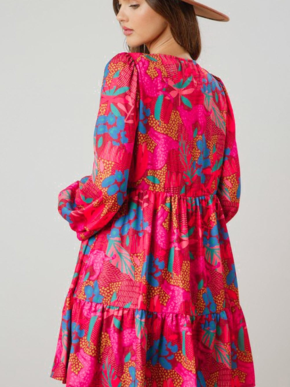 Rose Blossom V Neck Bubble Sleeve Ruffle Detail Mini Dress