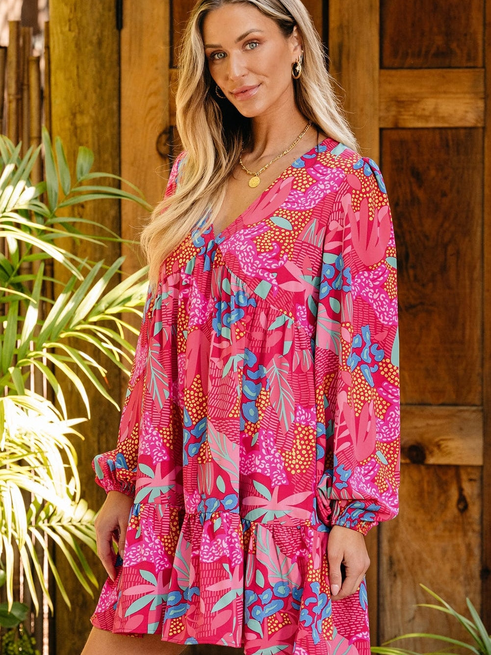 Rose Blossom V Neck Bubble Sleeve Ruffle Detail Mini Dress