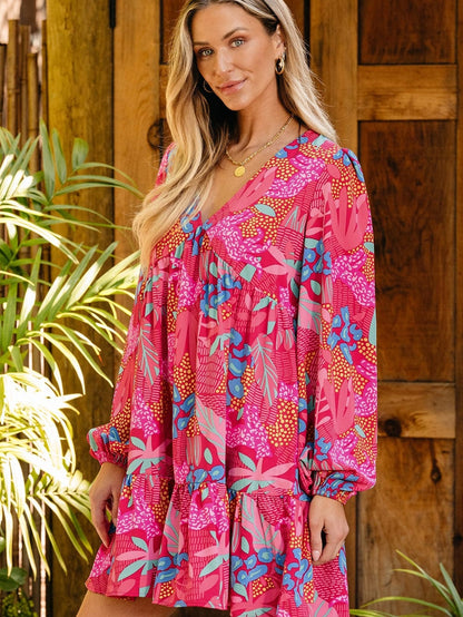 Rose Blossom V Neck Bubble Sleeve Ruffle Detail Mini Dress