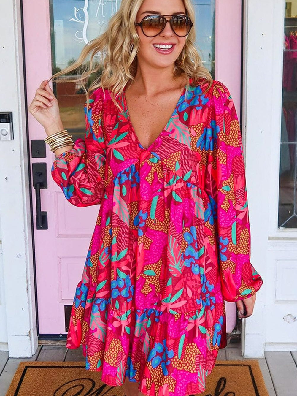 Rose Blossom V Neck Bubble Sleeve Ruffle Detail Mini Dress