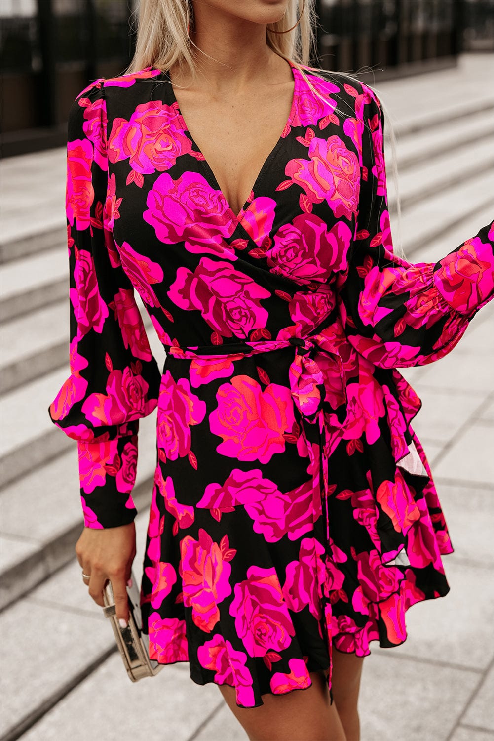 Rose Blossom V Neck Ruffle Tiered Mini Dress with Bishop Sleeves