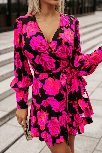 Rose Blossom V Neck Ruffle Tiered Mini Dress with Bishop Sleeves