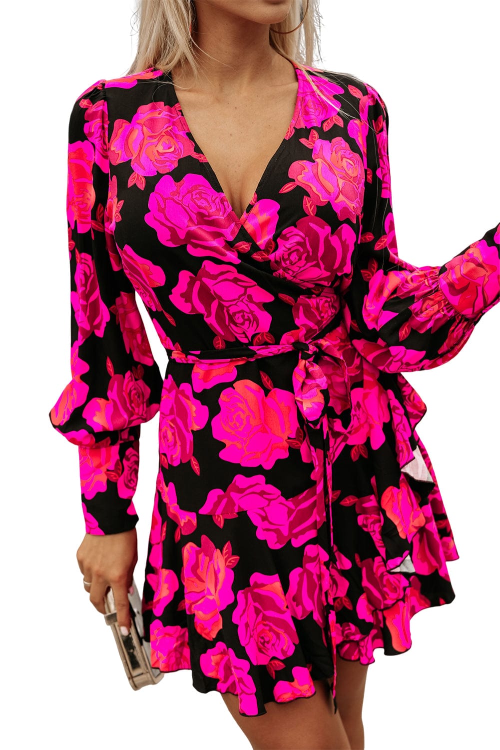 Rose Blossom V Neck Ruffle Tiered Mini Dress with Bishop Sleeves