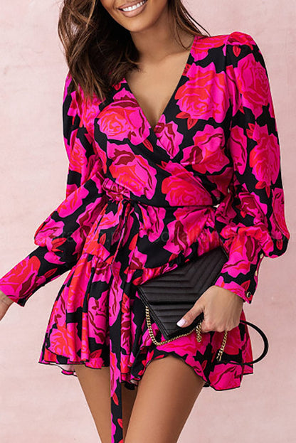 Rose Blossom V Neck Ruffle Tiered Mini Dress with Bishop Sleeves
