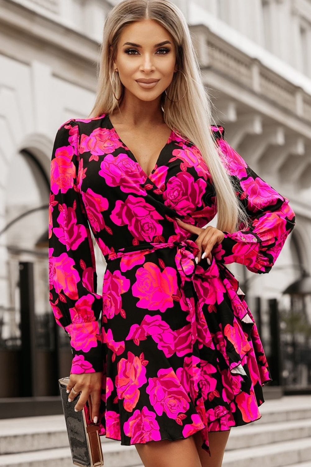 Rose Blossom V Neck Ruffle Tiered Mini Dress with Bishop Sleeves