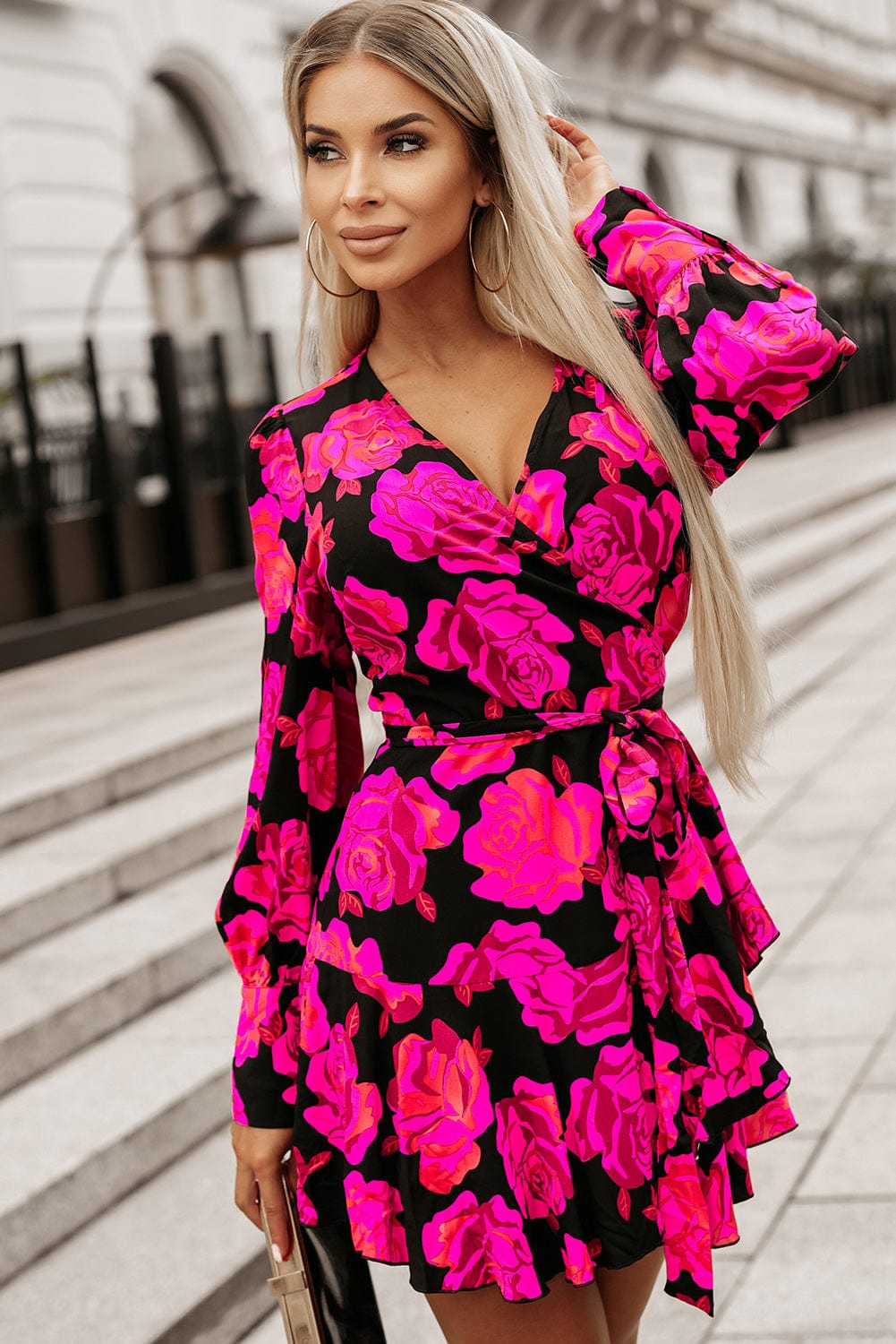 Rose Blossom V Neck Ruffle Tiered Mini Dress with Bishop Sleeves