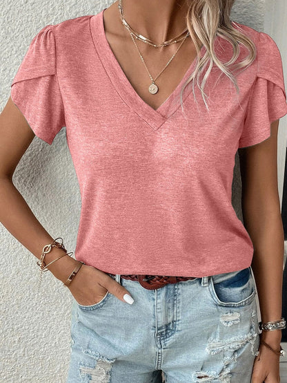 Rose Blush Casual Petal Sleeve V Neck T Shirt