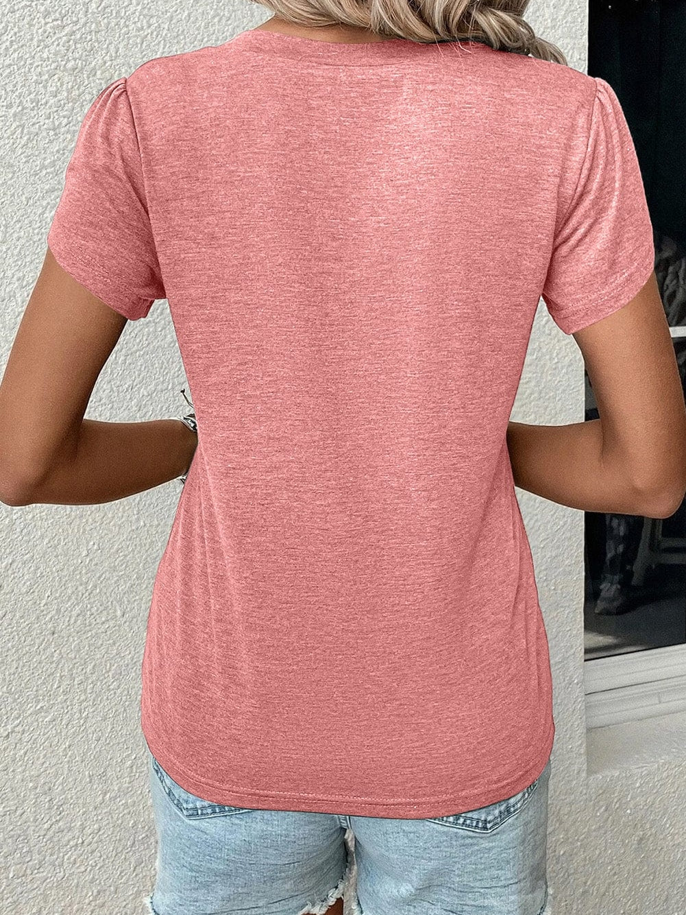Rose Blush Casual Petal Sleeve V Neck T Shirt